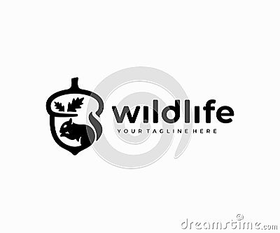 Squirrel eating acorn logo design. Oak seed with chipmunk vector design Vector Illustration