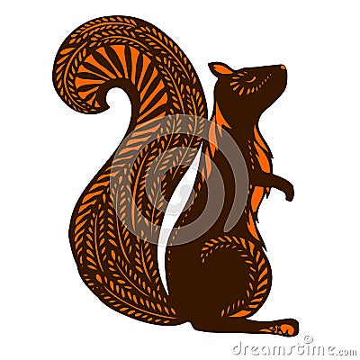 Squirrel with ethnic patterns, brown silhouette on a white Vector Illustration
