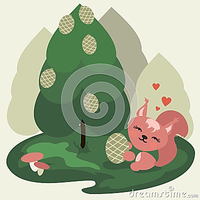 A squirrel in the forest sits under a tree and holds a cone Vector Illustration