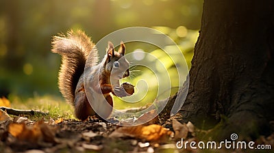 squirrel gathering acorns in a park Stock Photo