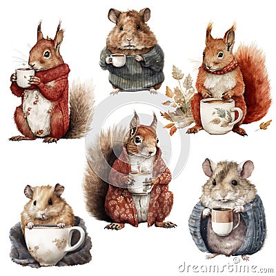 Squirrel and hamster wearing clothes Cartoon Illustration