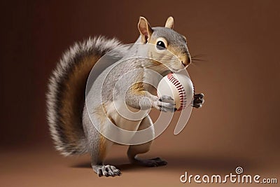 Squirrel Holding a Baseball on Brown Background, Generative AI Stock Photo