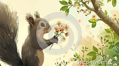 A squirrel holding a bouquet of flowers in its mouth, AI Stock Photo