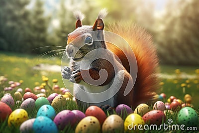 Squirrel holding colorful eggs. Generate Ai Stock Photo