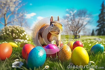 Squirrel holding colorful eggs sunny day. Generate Ai Stock Photo