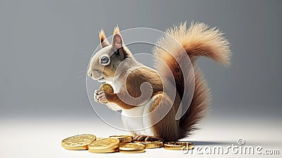 A squirrel holds a gold coin in its paws Stock Photo