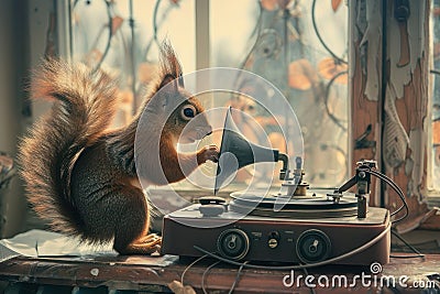 Squirrel inspecting an old phonograph, natural light, curiosity, retro ambiance , advertise photo Stock Photo