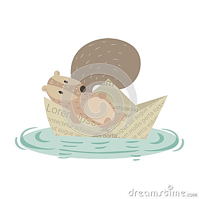 Squirrel Laying on Paper Boat Vector Illustration