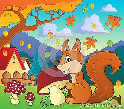 Squirrel with mushroom theme image 2 Vector Illustration