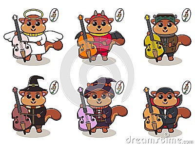 Squirrel Music Halloween set Cello Vector Illustration