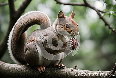 Squirrel perched on a branch, acorn in its mouth Stock Photo