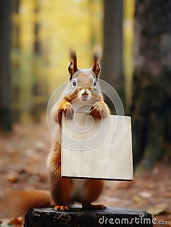 Squirrel promoting ethical, animal-friendly products, advocating for forest and wildlife protection Stock Photo