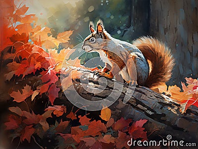 Squirrel's Feast: Autumn in the Enchanted Forest Stock Photo