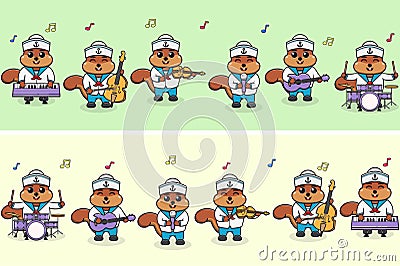 Squirrel Sailor Music Band set Vector Illustration