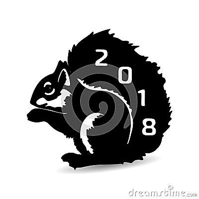 Squirrel 2018 sitting, black silhouette on a white background. Vector Illustration