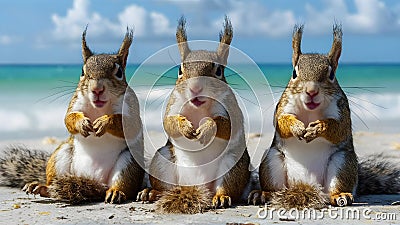 Squirrel Trio Enjoying Seaside Serenity. Concept Animal Photography, Coastal Wildlife, Relaxing Stock Photo