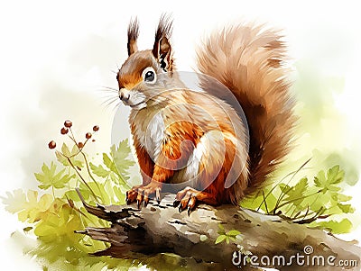 watercolor squirrel , different poses, white background, easy cutout, clip art, Stock Photo