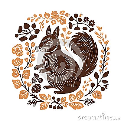 Squirrel watercolor illustration in a flowery white background Cartoon Illustration