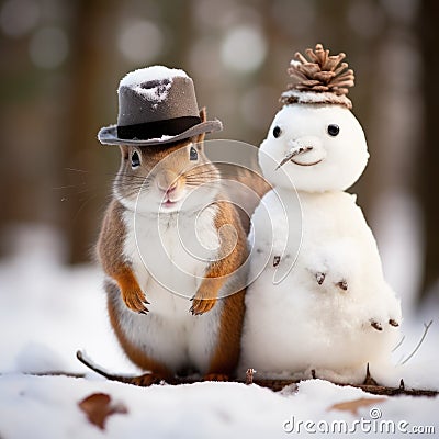A squirrel wearing a hat and a snowman, AI Stock Photo