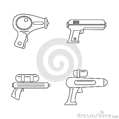 Squirt gun water pistol icons set, outline style Vector Illustration