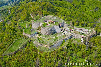 Srebrna Gora fortress with beautiful panorama of Sudety mountains aerial view. Poland Stock Photo