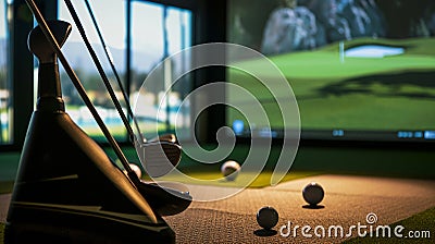 Sreen golf. Putter and golf ball on the background of the screen. Generative AI Stock Photo