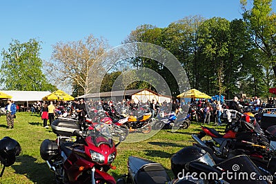 Sremska Mitrovica, Serbia, 04.29.23 Gathering or meeting of motorcyclists and bikers at a festival. People in leather Editorial Stock Photo
