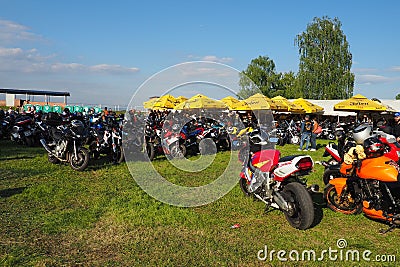 Sremska Mitrovica, Serbia, 04.29.23 Gathering or meeting of motorcyclists and bikers at a festival. People in leather Editorial Stock Photo