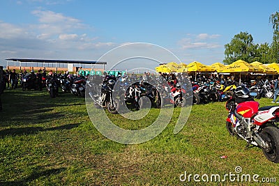 Sremska Mitrovica, Serbia, 04.29.23 Gathering or meeting of motorcyclists and bikers at a festival. People in leather Editorial Stock Photo