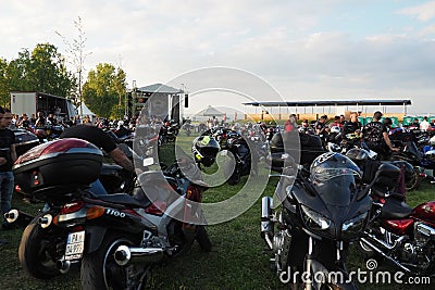 Sremska Mitrovica, Serbia, 04.29.23 Gathering or meeting of motorcyclists and bikers at a festival. People in leather Editorial Stock Photo