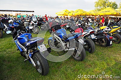 Sremska Mitrovica, Serbia, 04.29.23 Gathering or meeting of motorcyclists and bikers at a festival. People in leather Editorial Stock Photo