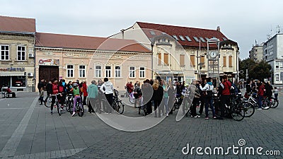 Sremska Mitrovica / Serbia - October 5, 2019: A gathering of women cyclists in the city square for a further bike ride in the name Editorial Stock Photo