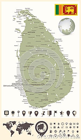 Sri Lanka Detailed Map and World Map with Navigation Icons Vector Illustration