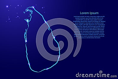 Sri Lanka map from the contour classic blue color brush lines different thickness and glowing stars on dark background. Vector Cartoon Illustration