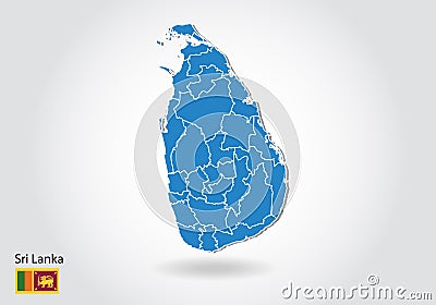 Sri lanka map design with 3D style. Blue Sri lanka map and National flag. Simple vector map with contour, shape, outline, on white Vector Illustration