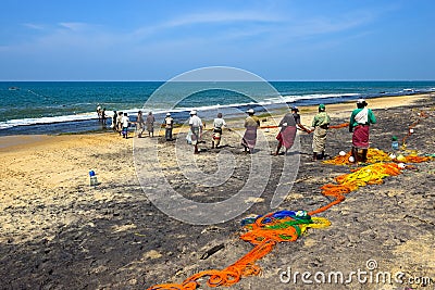 Sri Lanka, November 14: Indian Ocean fishermen pull the net with Editorial Stock Photo