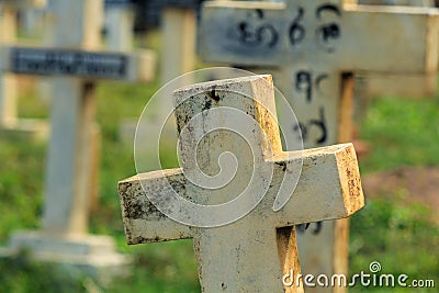 Sri Lankan christian cemetery with a cross gravestone.Tombstone and graves in an ancient church graveyard Stock Photo