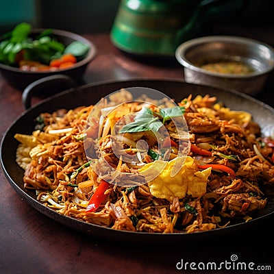 Sri Lankan Kottu Roti: Dynamic and Colorful Flatbread Stir-Fry with Vegetables, Meat, and Spices Stock Photo