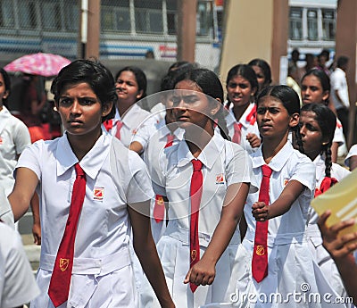 Sri Lankan school children marching in Hikkaduwa Editorial Stock Photo