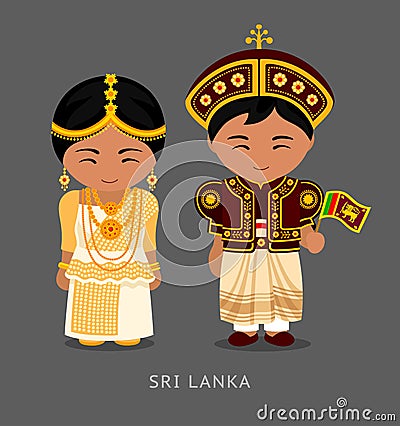 Sri Lankans in national dress with a flag. Vector Illustration
