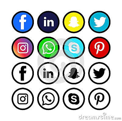 Social media icons , colorful and black & white, Isolated on white background. Editorial Stock Photo