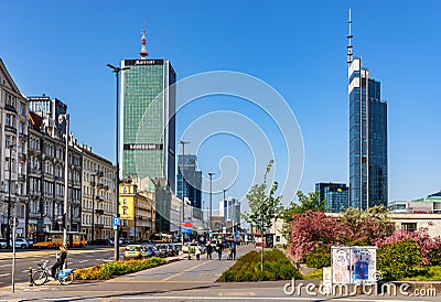 Srodmiescie business district of Warsaw, Poland city center with Marriott, Varso and Central Tower Editorial Stock Photo