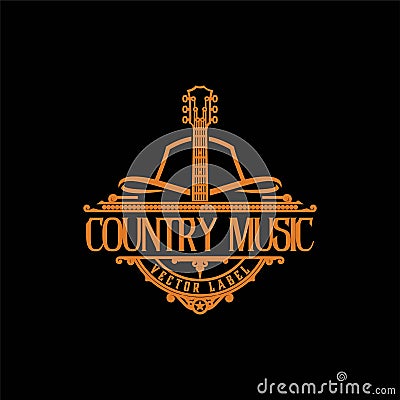 Country Guitar Music Western Vintage Retro Saloon Bar Cowboy logo design - Vector Vector Illustration