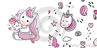 Cartoon cute sweet unicorn and star seamless pattern vector. Vector Illustration