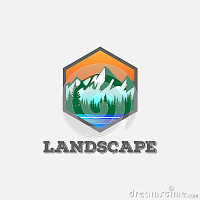 Sunset Ice Snow Mountain Pine Forest Lake River Vector Illustration