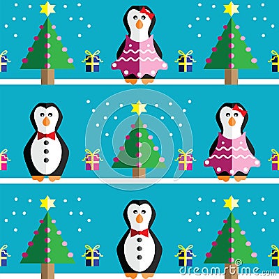 SSeamless pattern with geometrical Mr and Mrs Penguin, gifts with ribbon, snow, Christmas trees with pink lights and star element Vector Illustration