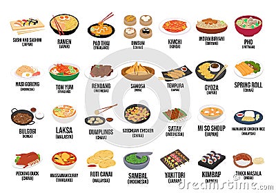 SSet of Asian traditional foods elements in cartoon flat style isolated on white background Vector Illustration