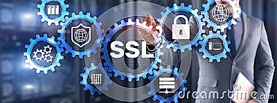 SSL Businessman pressing virtual screen Secure Sockets Layer concept. Cryptographic protocols provide secured Stock Photo
