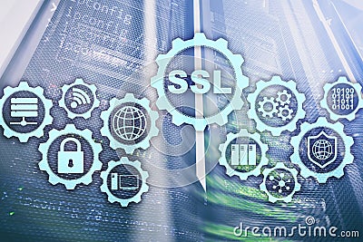 SSL Secure Sockets Layer concept. Cryptographic protocols provide secured communications. Server room background. Stock Photo