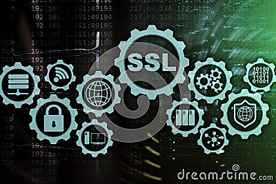 SSL Secure Sockets Layer concept. Cryptographic protocols provide secured communications. Server room background. Stock Photo